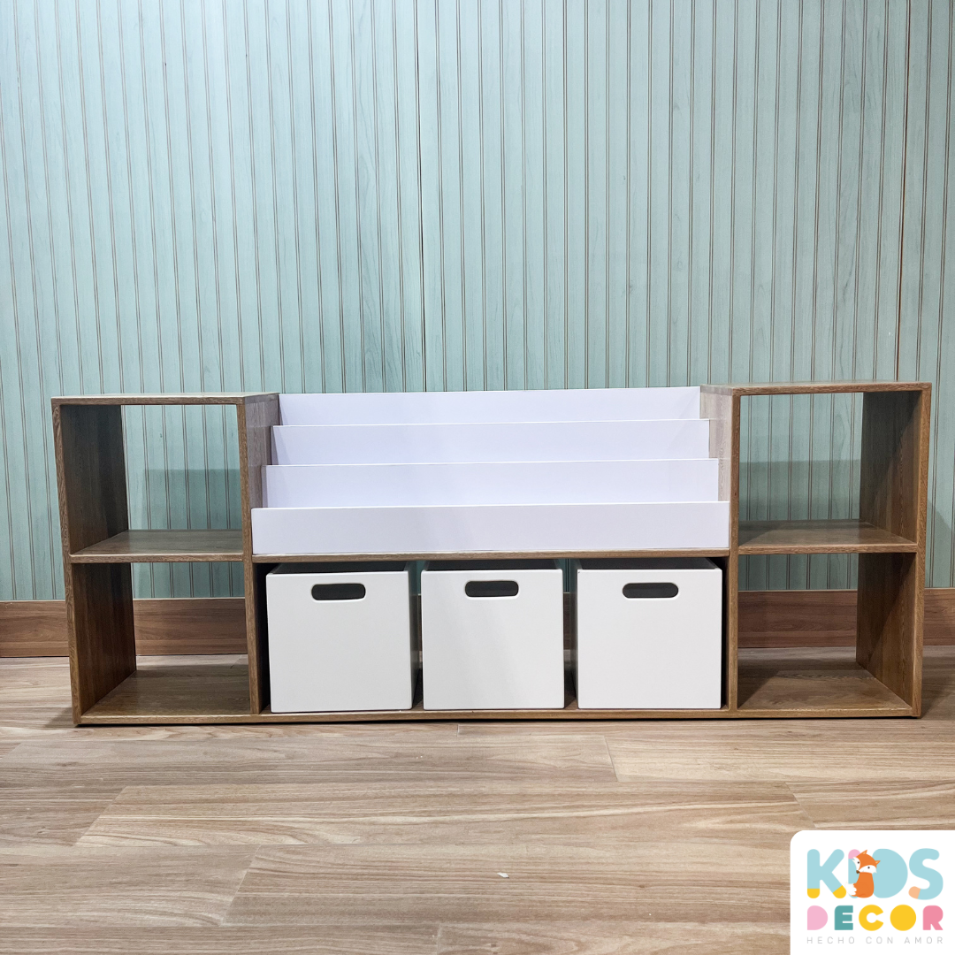 Organizador de Juguetes en Madera de Roble con Biblioteca de Melamina y Cajones de MDF - Kids Decor Colombia