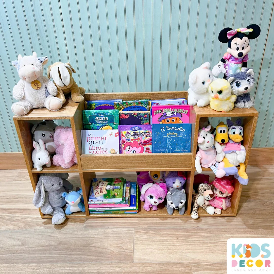 Mueble Organizador con Biblioteca en Roble 100% – Inspirado en Montessori - Kids Decor Colombia