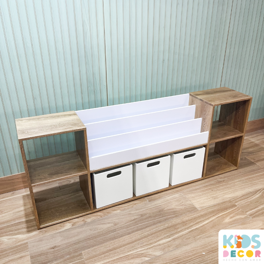 Organizador de Juguetes en Madera de Roble con Biblioteca de Melamina y Cajones de MDF - Kids Decor Colombia
