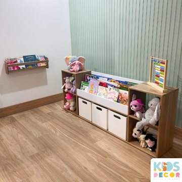 Organizador de Juguetes en Madera de Roble con Biblioteca de Melamina y Cajones de MDF - Kids Decor Colombia