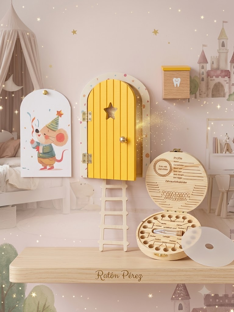 Kit Mágico Ratón Pérez: Puerta de Madera con Accesorios + Cajita para Dientes de Leche - Kids Decor Colombia