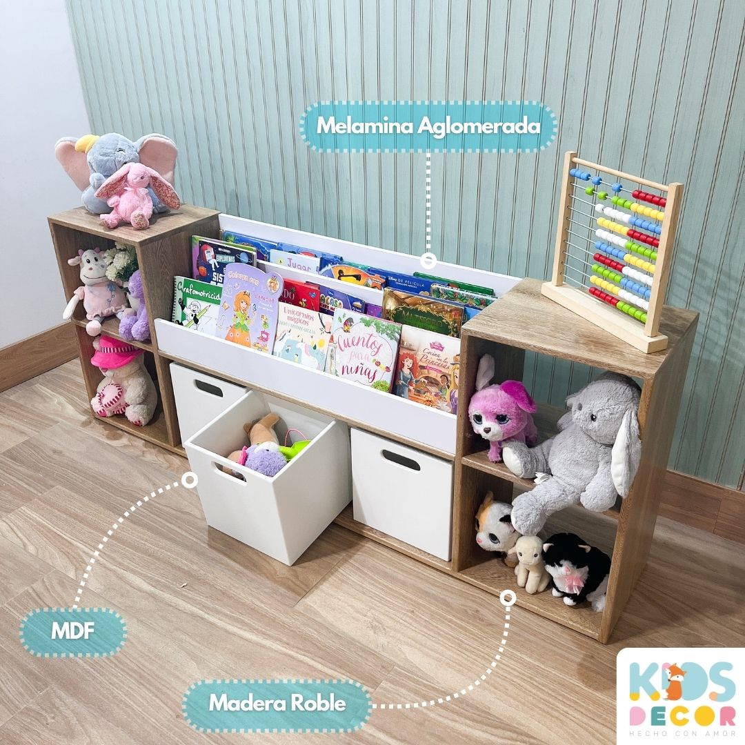 Organizador de Juguetes en Madera de Roble con Biblioteca de Melamina y Cajones de MDF - Kids Decor Colombia