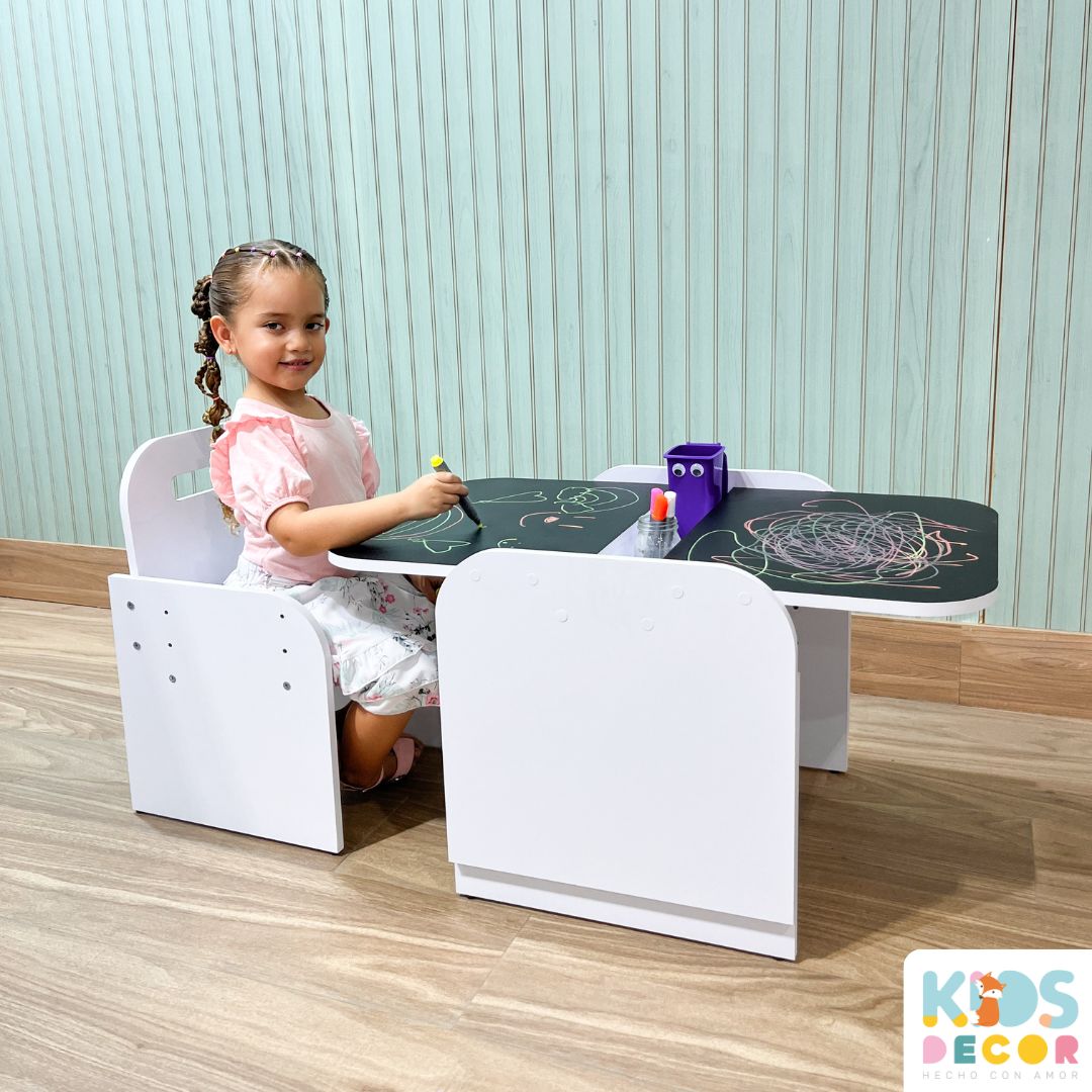 Set Mesa Infantil Graduable en Altura para 2 Niños 'CreceConmigo' + 2 Sillas + Marcadores de Tiza Líquida - Kids Decor Colombia