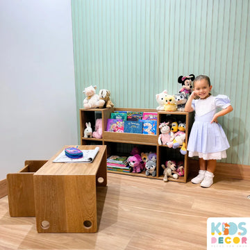 Mueble Organizador con Biblioteca en Roble 100% – Inspirado en Montessori - Kids Decor Colombia