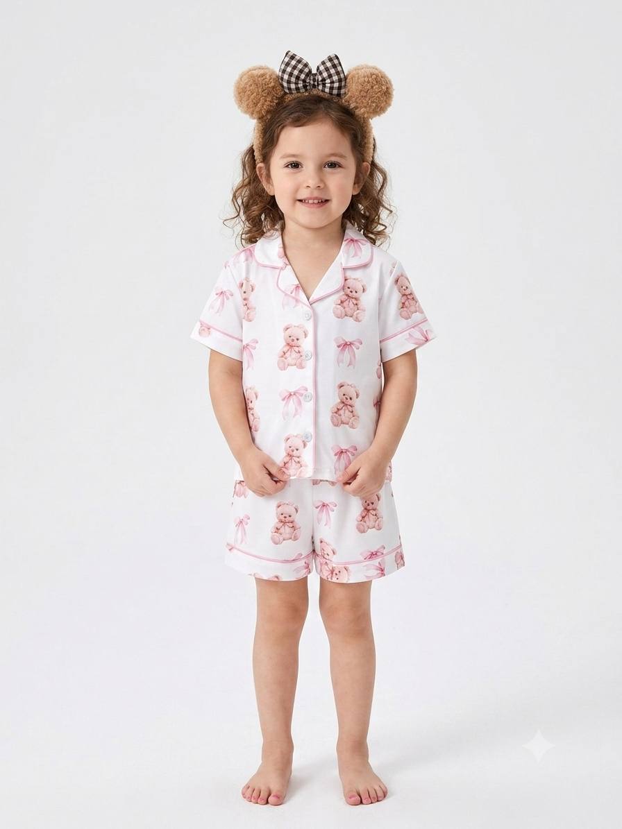 Set de Pijama Dos Piezas para Niña: Camisa de Botones Ositos y Lazos + Diadema con Orejas de Peluche - Kids Decor Colombia