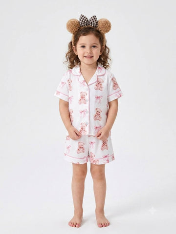 Set de Pijama Dos Piezas para Niña: Camisa de Botones Ositos y Lazos + Diadema con Orejas de Peluche