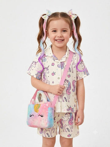 Set Mágico para Niña: Pijama de Unicornios Dos Piezas + Bolso de Peluche + Extensiones de Cabello Arcoíris