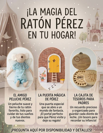 Kit Mágico Completo del Ratón Pérez: Puerta Mágica + Cajita de Madera para Dientes de Leche + Peluche