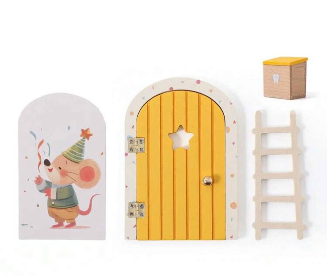 Kit Mágico Completo del Ratón Pérez: Puerta Mágica + Cajita de Madera para Dientes de Leche + Peluche