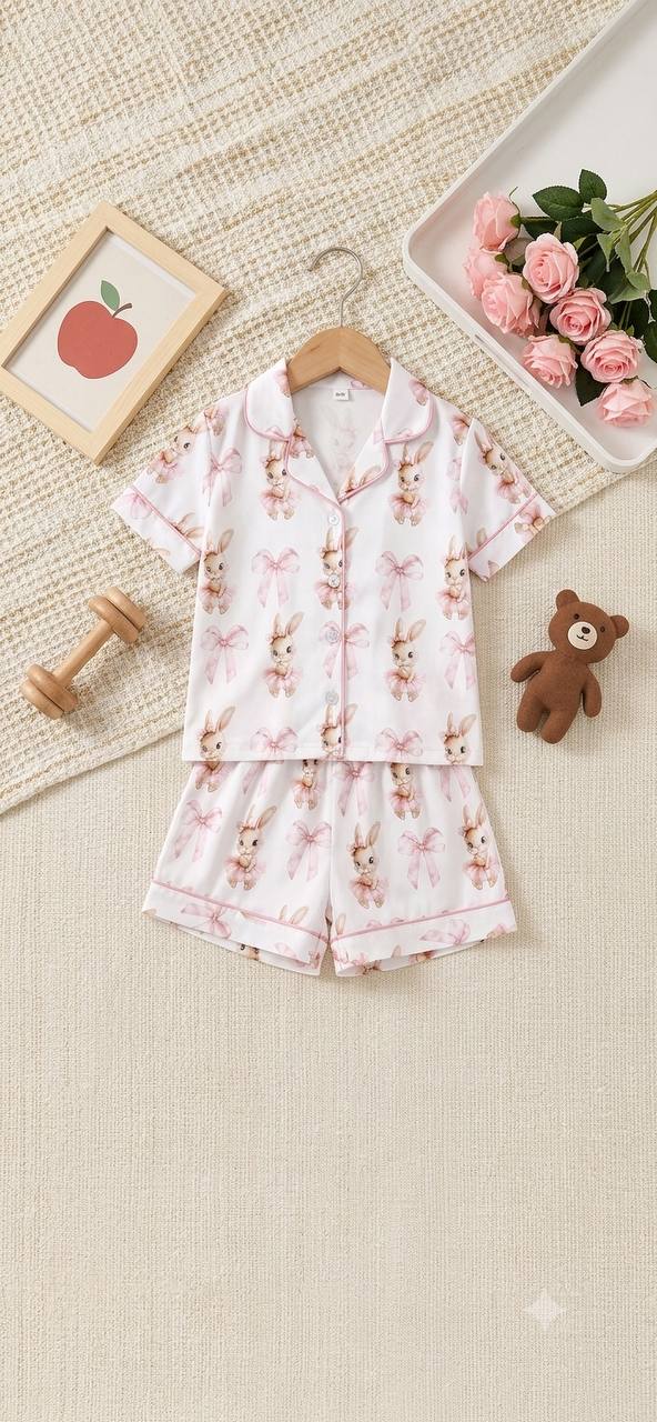 Set de Pijama Camisera para Niña: Diseño de Conejitos + Diadema de Peluche con Moño de Lentejuelas - Kids Decor Colombia
