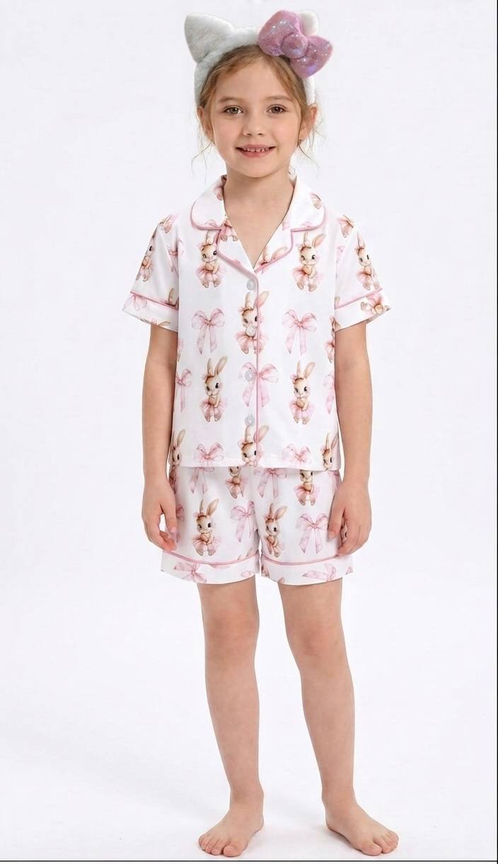 Set de Pijama Camisera para Niña: Diseño de Conejitos + Diadema de Peluche con Moño de Lentejuelas - Kids Decor Colombia