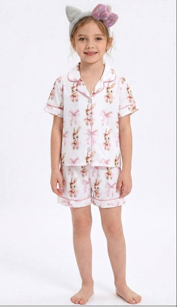 Set de Pijama Camisera para Niña: Diseño de Conejitos + Diadema de Peluche con Moño de Lentejuelas