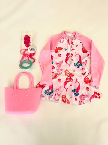 Vestido de Baño Sirenas Rosa con Bolso y Ganchitos para Niña