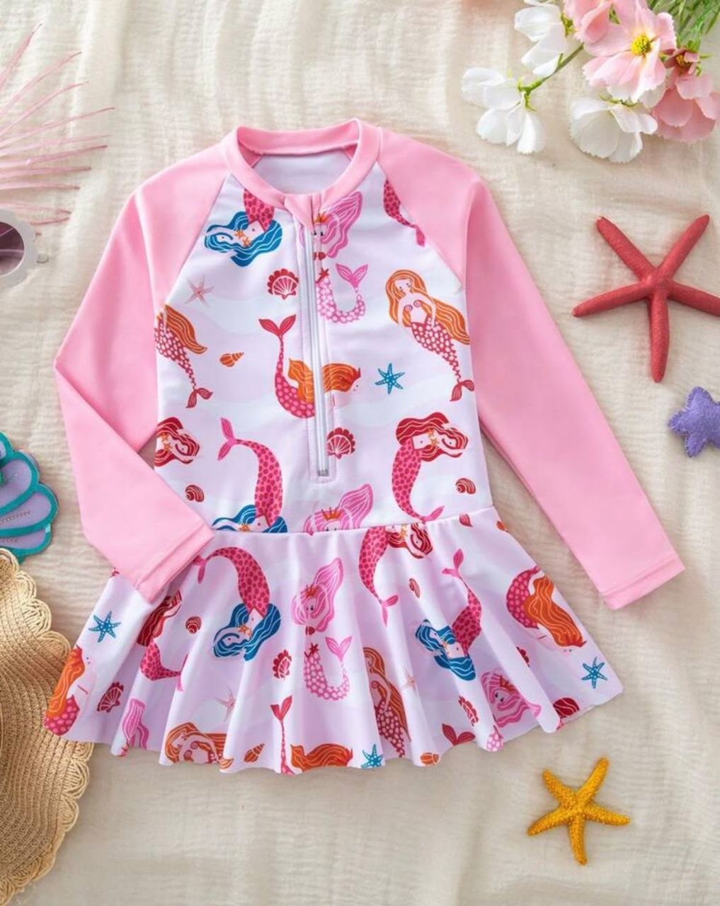 Vestido de Baño Sirenas Rosa con Bolso y Ganchitos para Niña - Kids Decor Colombia
