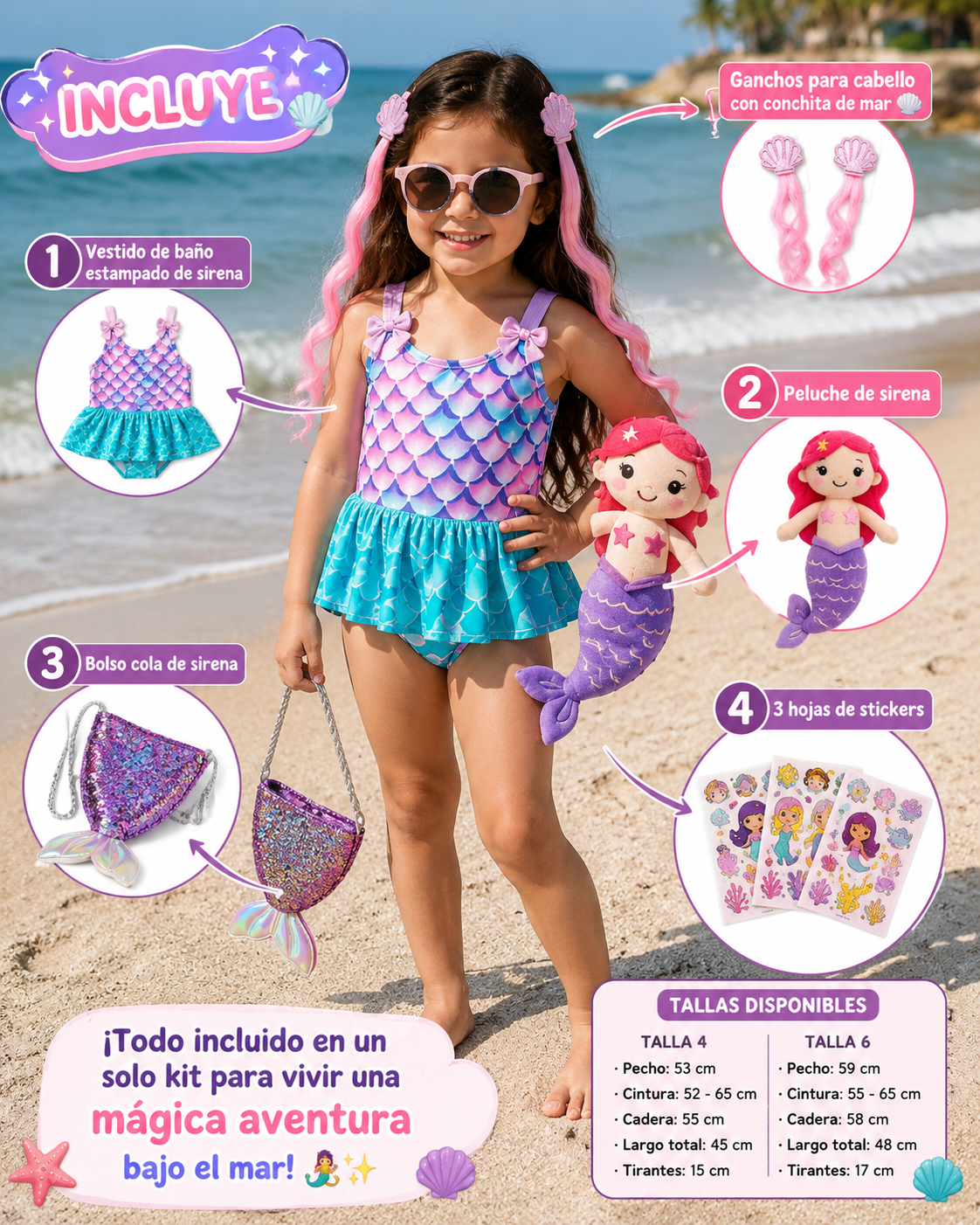 Kit Sirena Mágica para Niñas – Vestido de Baño con Falda, Peluche, Bolso y Accesorios - Kids Decor Colombia