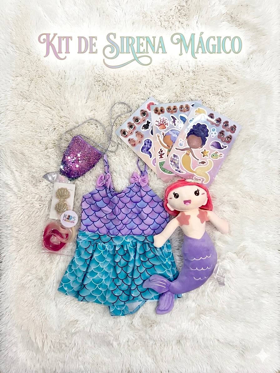Kit Sirena Mágica para Niñas – Vestido de Baño con Falda, Peluche, Bolso y Accesorios