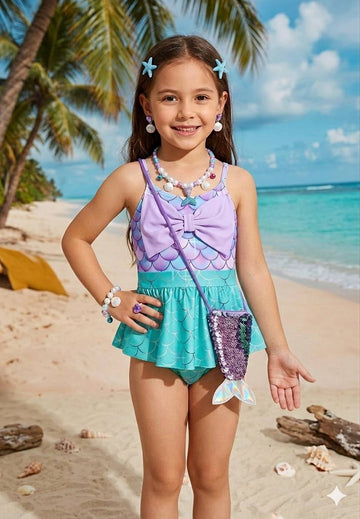 Set de Baño Sirena Mágica Completo: Traje de Baño, Bolso de Lentejuelas y Joyería Marina